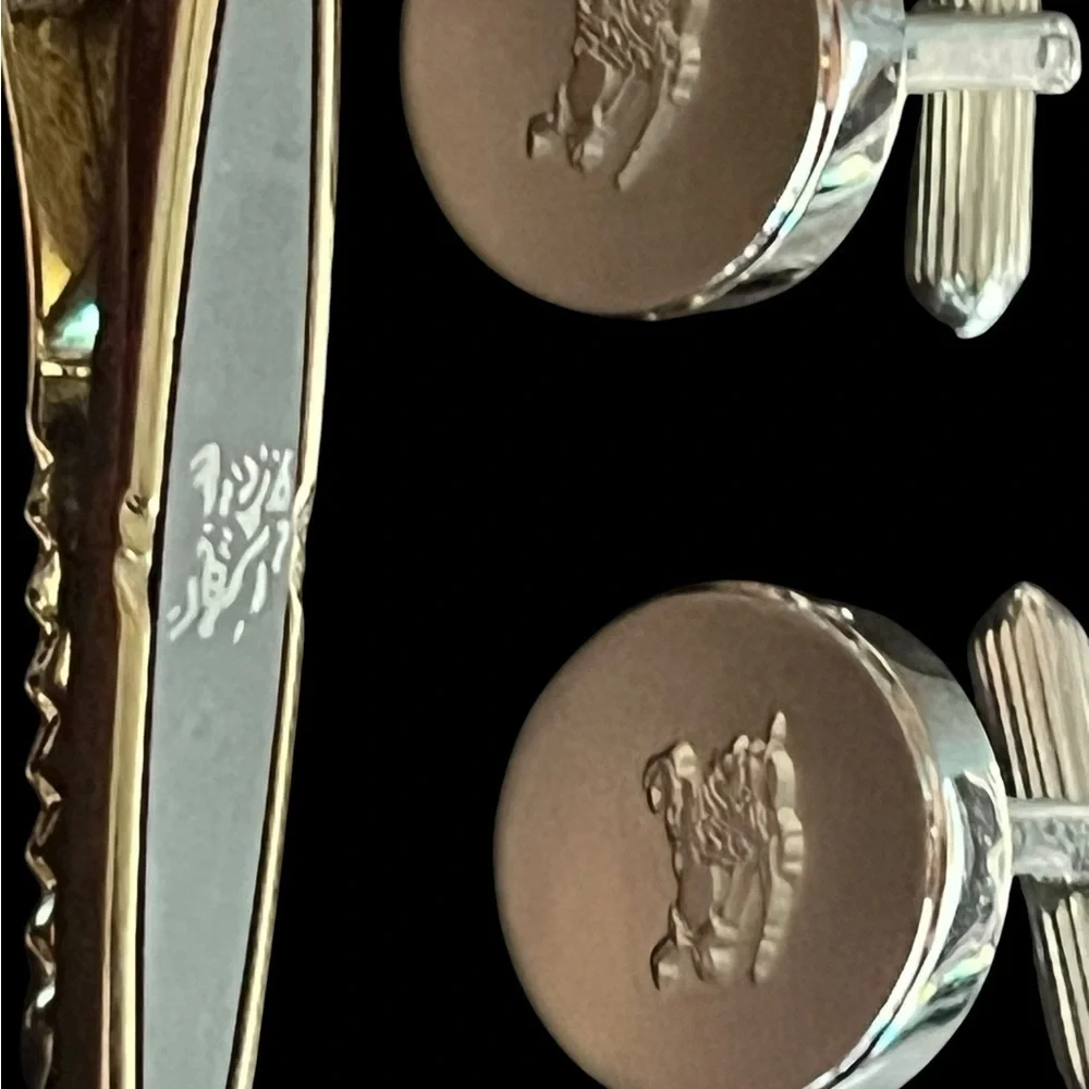 Silver Burberry Tie Clip and Cuff Links